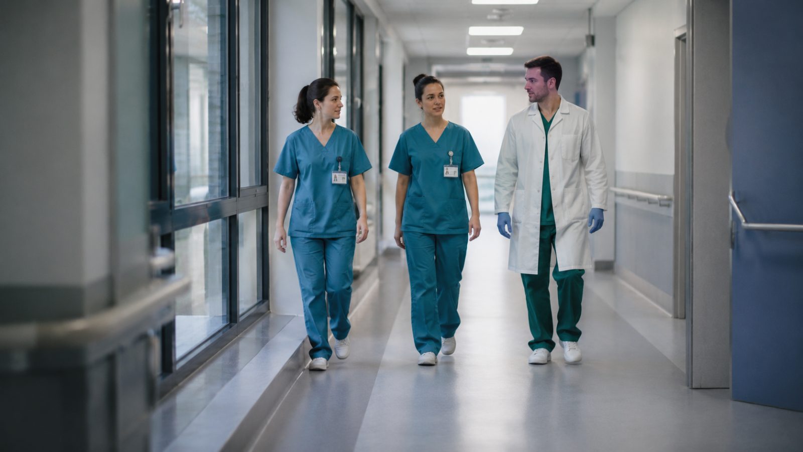 Clinical staff in a hospital corridor