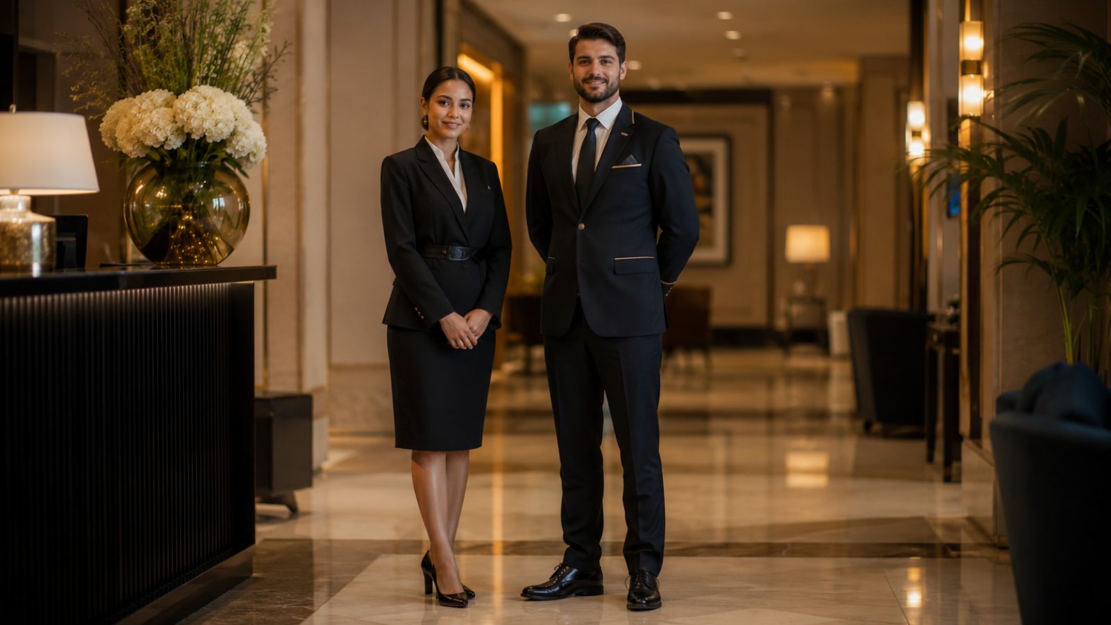 Corporate front-desk staff in tailored uniform