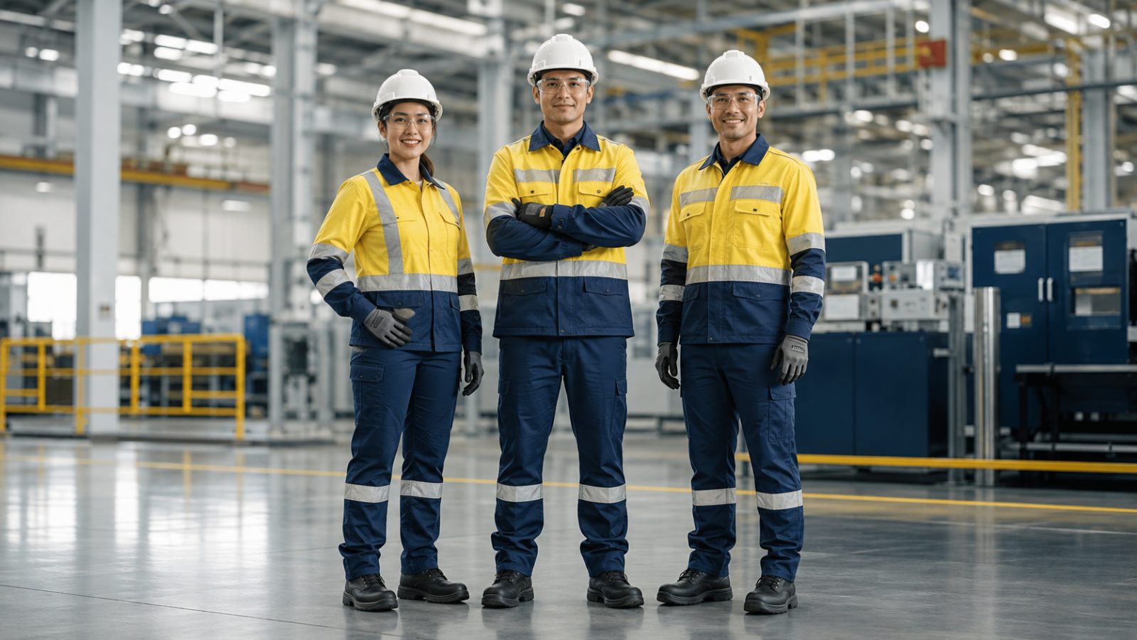Factory crew in hi-vis coveralls and helmets