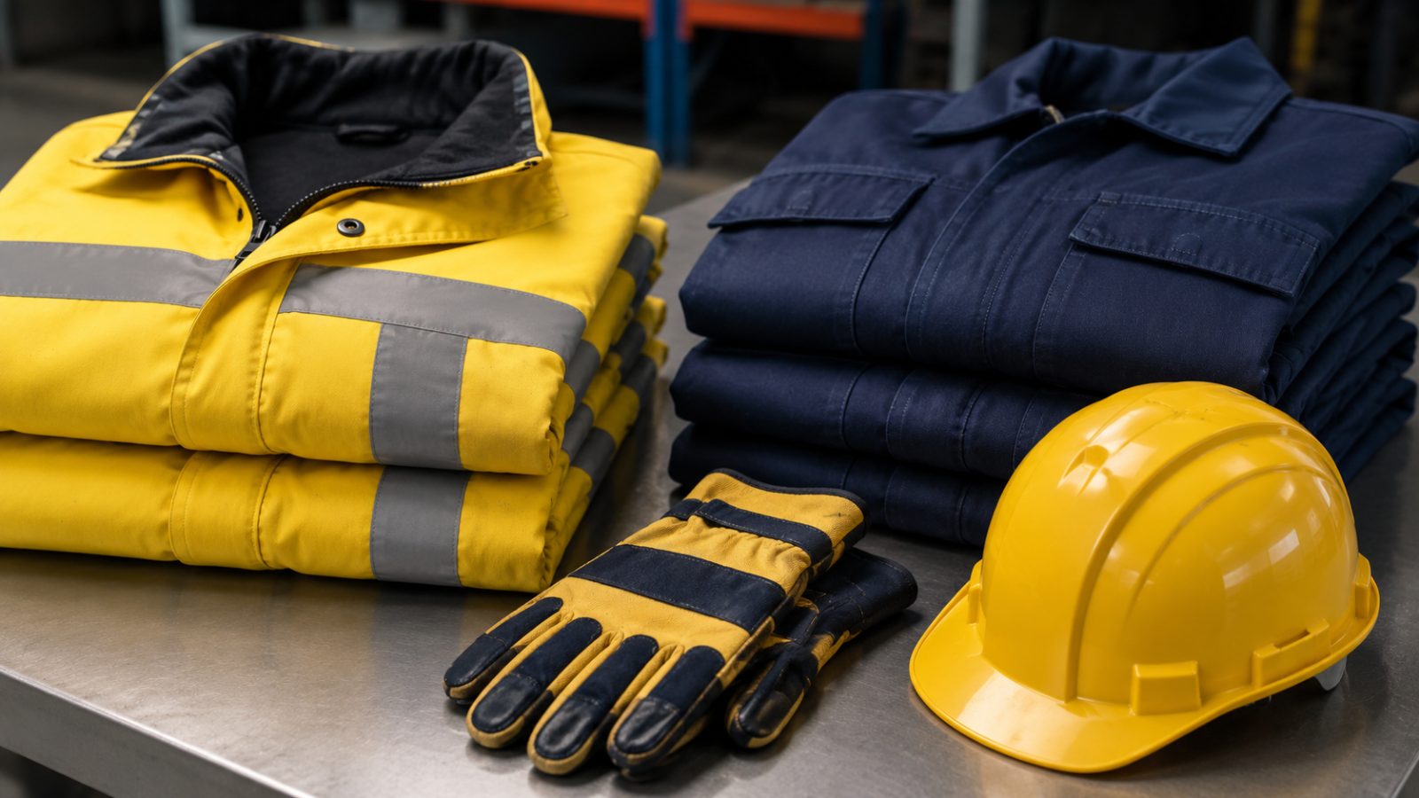 Folded hi-vis jackets, coveralls, gloves and helmet