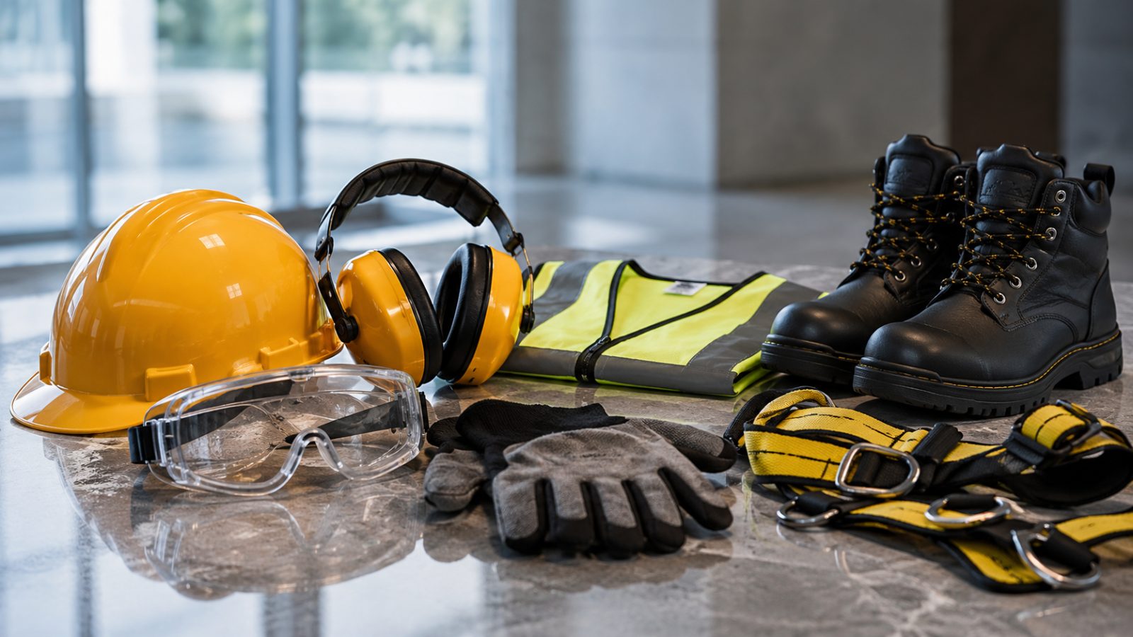 Helmet, goggles, ear defenders, gloves, boots and harness