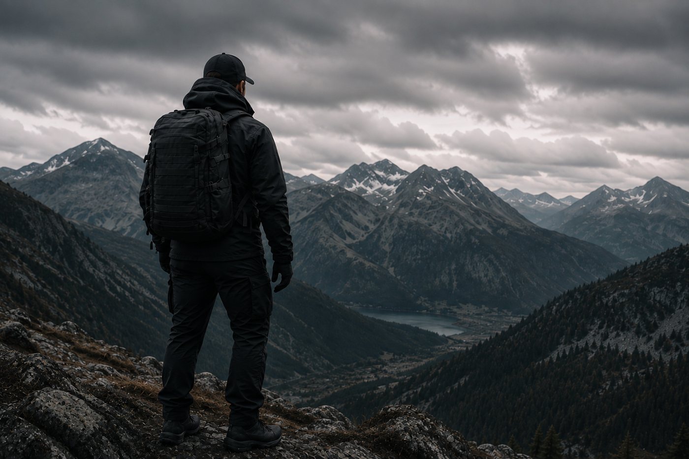 Hiker in performance gear above a valley
