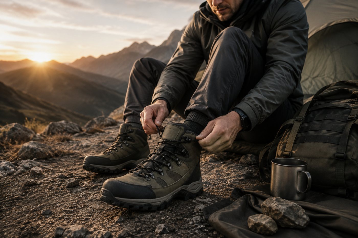 Lacing boots at camp at sunrise