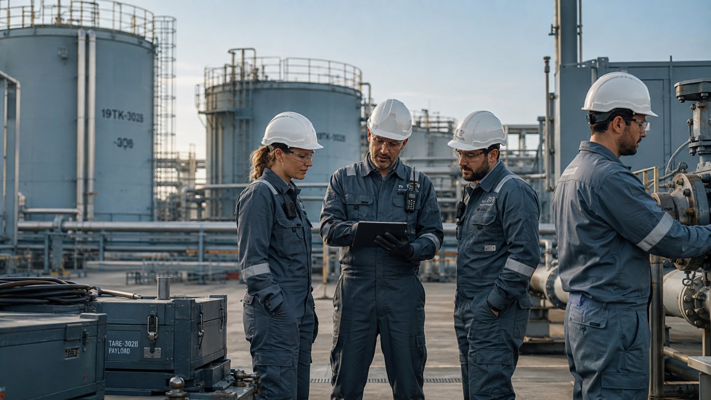 Operations crew reviewing plans at a tank farm